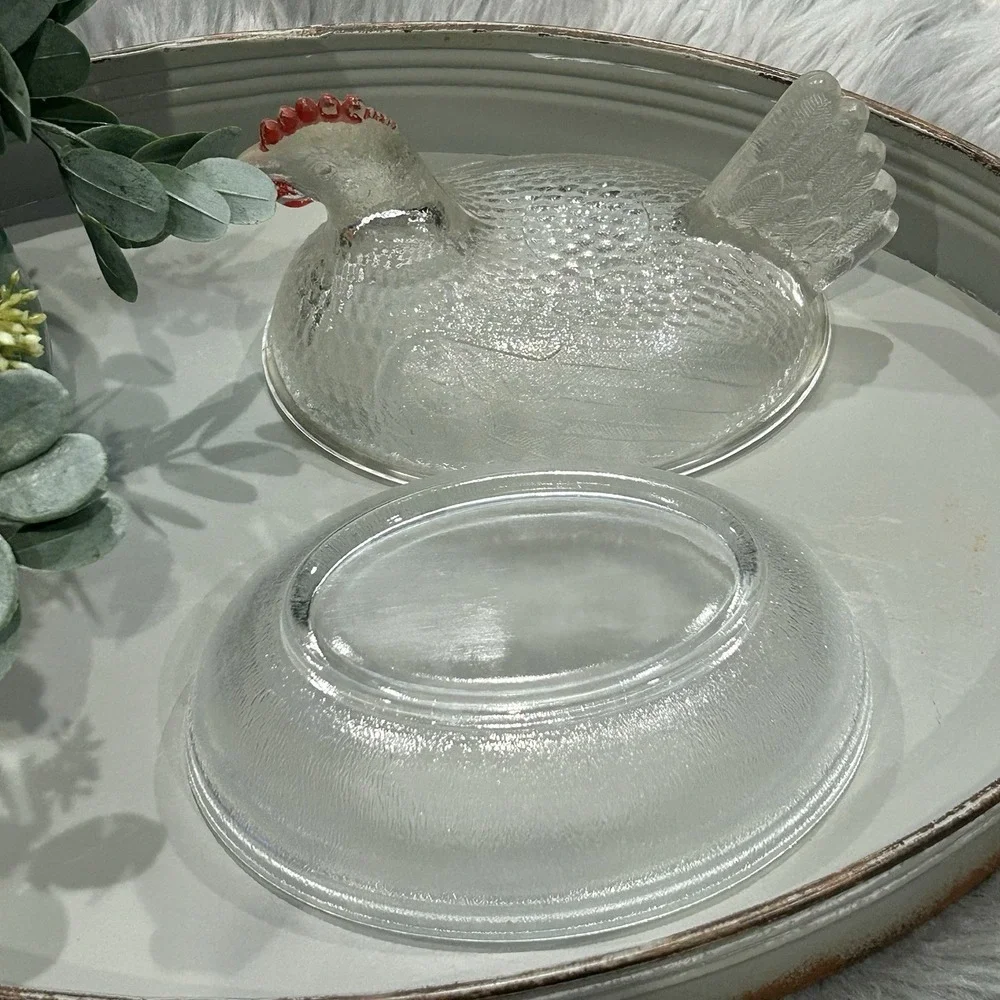 Vintage Clear‎ Hen On A Nest With Red Painted Comb and Wattle - Chicken Decor